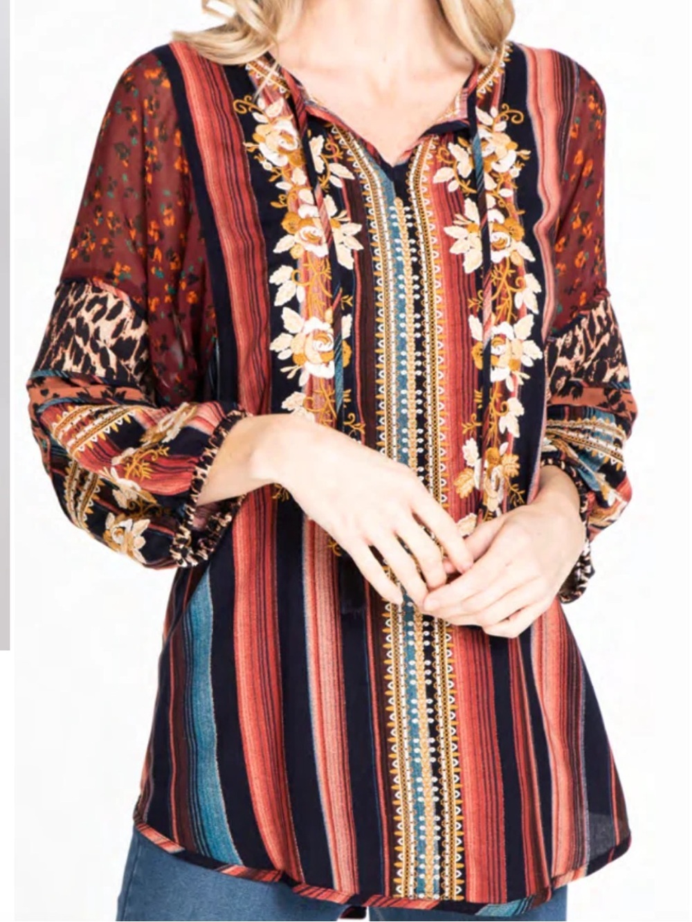 John Mark Embroidered Striped Boho Tunic in Red, Navy & Teal Size XL